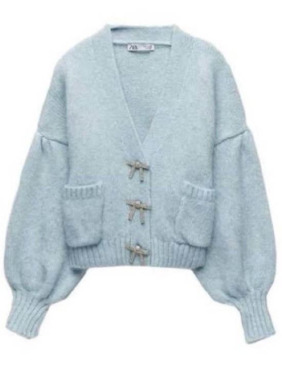 Zara Sweaters - ZARA Jewel Bow Cardigan Sweater Baby Blue Coquette Blogger Favorite Preppy M